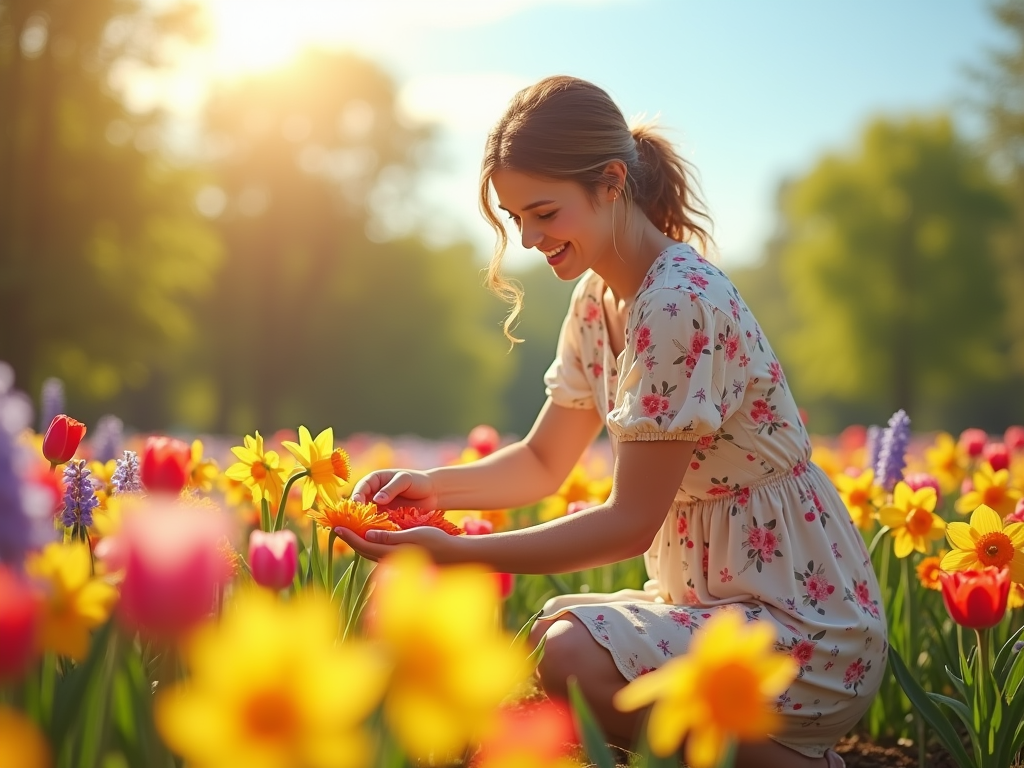 A young woman in a floral dress tending to a blooming garden filled with colorful flowers under bright sunlight.