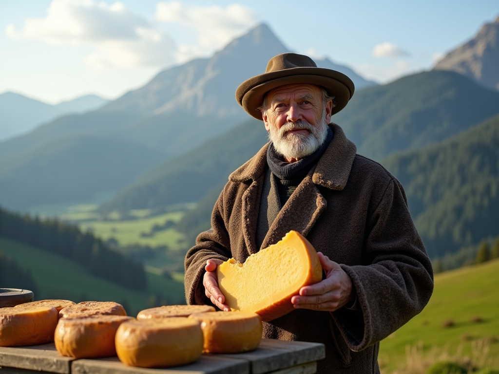 A shepherd in traditional attire holding Oscypek cheese against a scenic backdrop of the Tatra Mountains in the late afternoon light.