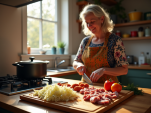 A kitchen scene with a woman in a colorful apron preparing Bigos, surrounded by fresh ingredients and a simmering pot, illuminated by natural light.