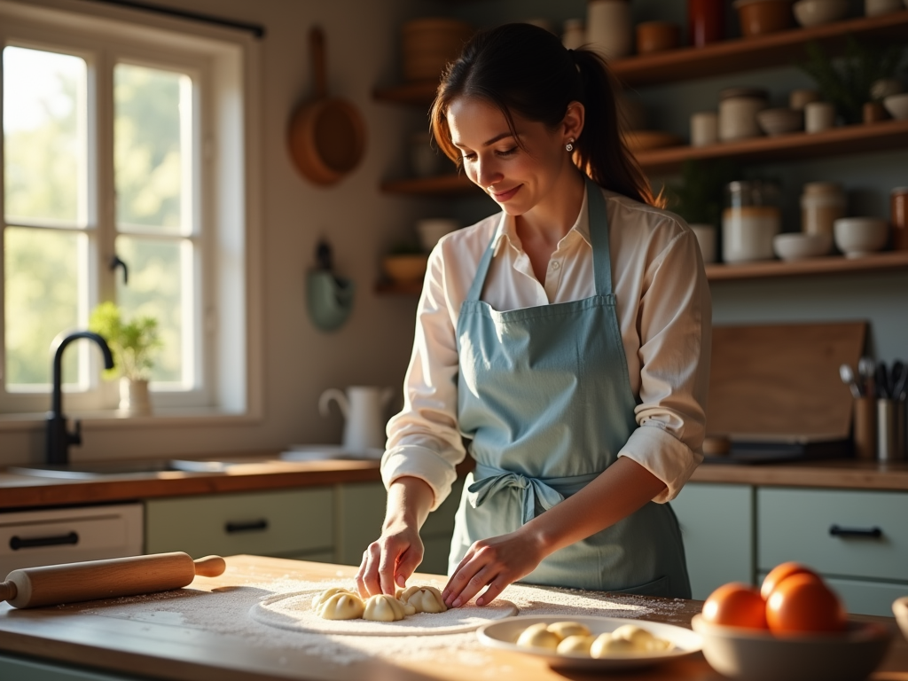 A woman in a cozy kitchen preparing pierogi, surrounded by flour and cooking utensils, illuminated by soft natural light.