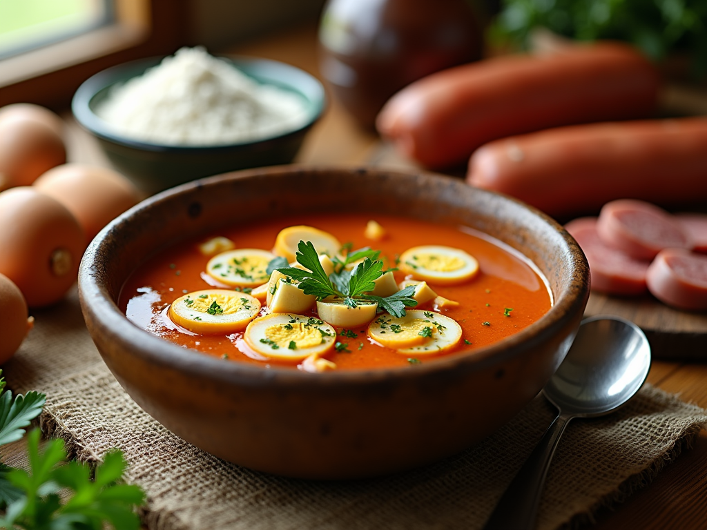 A traditional Polish Żurek soup in a rustic bowl, garnished with hard-boiled eggs and parsley, surrounded by ingredients like rye flour and sausages, illuminated by warm natural light.