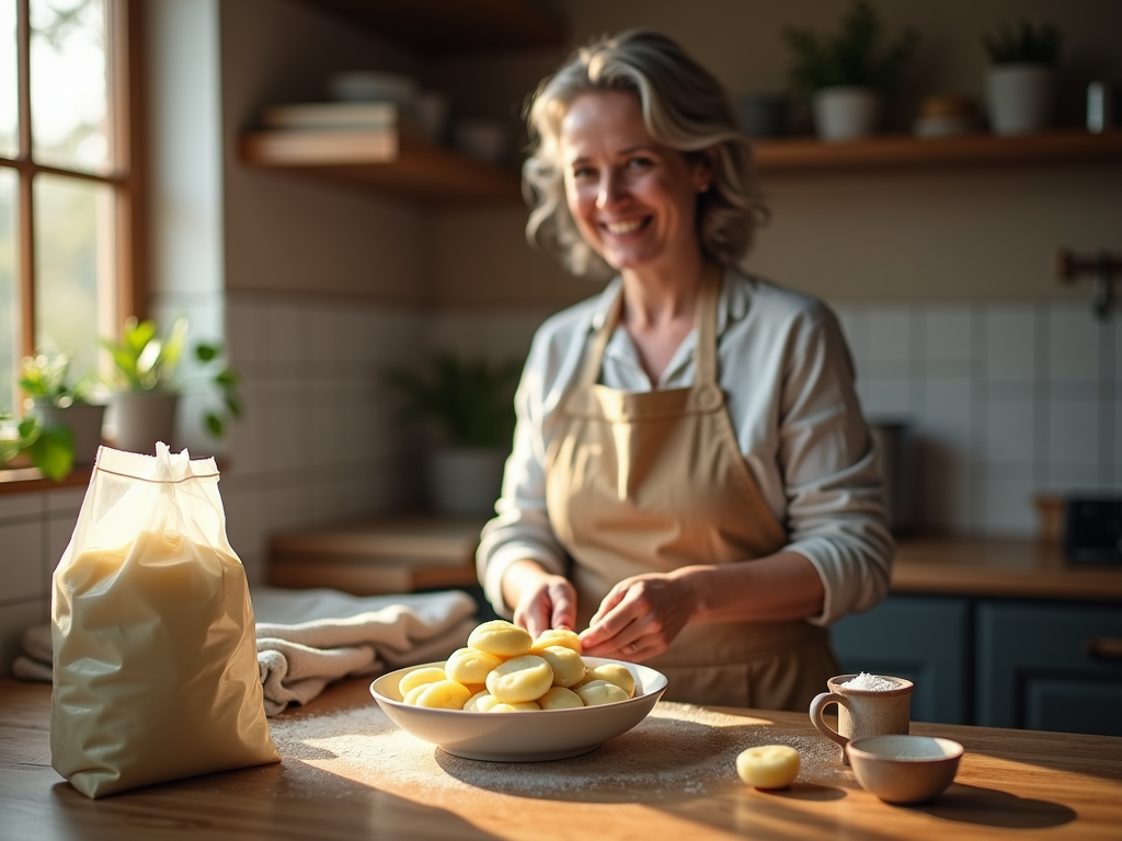A cozy kitchen with a woman shaping schlesische Klöße from mashed potatoes and flour, illuminated by soft natural light.