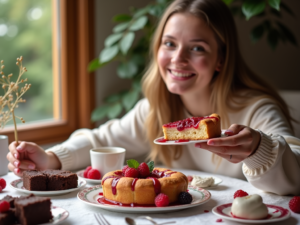 Ein dekorierter Tisch mit verschiedenen zuckerfreien Desserts, während eine Person ein Stück Karottenkuchen hält und warmes, natürliches Licht durch ein Fenster strömt.