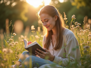 Eine Person sitzt entspannt auf einer Wiese und liest ein Buch, umgeben von Bäumen und Blumen, während ihr Smartphone in der Tasche bleibt.
