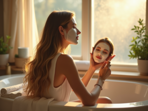 A woman applying a moisturizing hair mask in a cozy bathroom, illuminated by natural light from a frosted window.