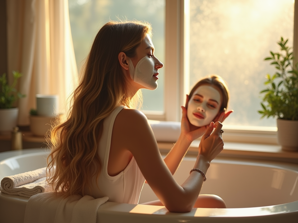A woman applying a moisturizing hair mask in a cozy bathroom, illuminated by natural light from a frosted window.