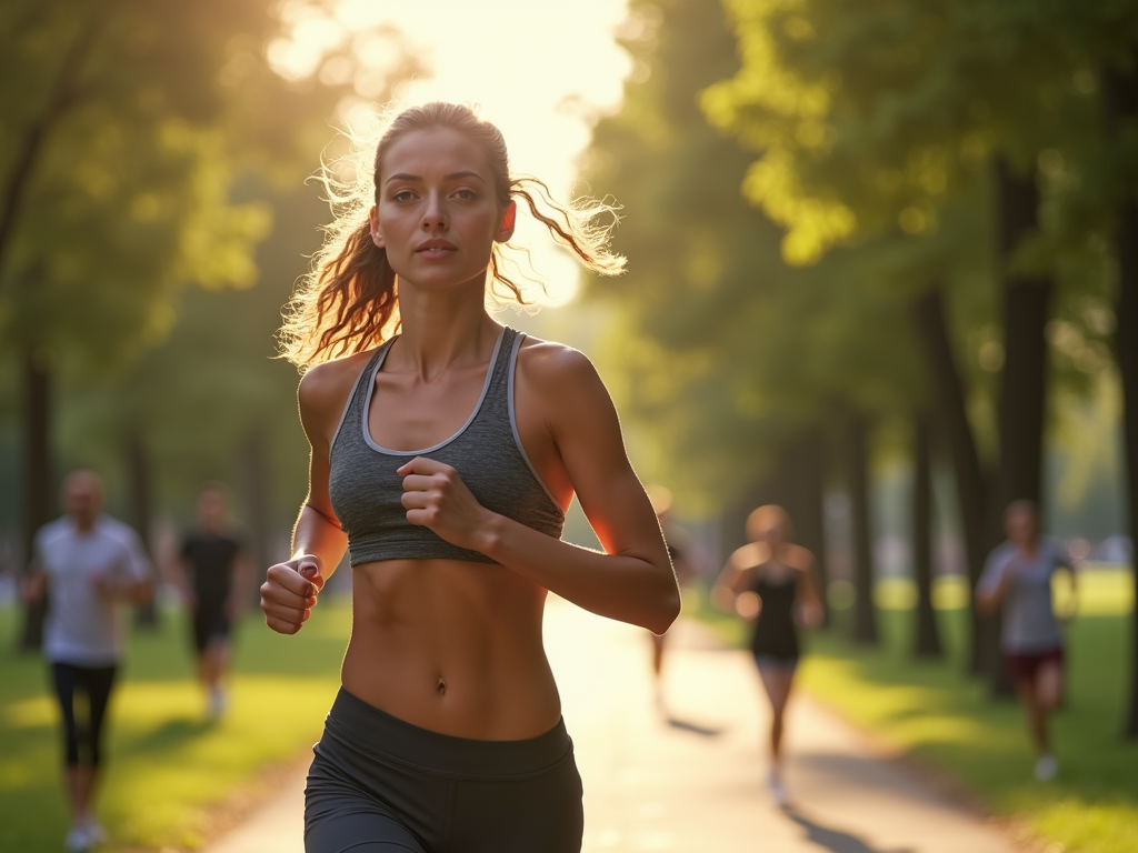 A woman jogging in a sunny park, surrounded by greenery, emphasizing the benefits of exercise for a strong immune system.