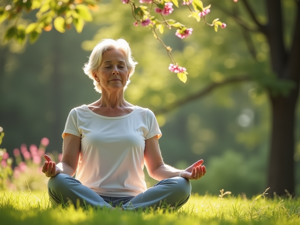 A peaceful outdoor scene with a middle-aged woman meditating on grass, surrounded by greenery and soft sunlight filtering through trees.