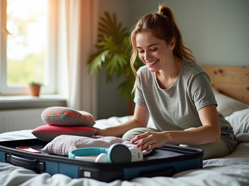 A travel enthusiast packing a suitcase in a cozy bedroom, surrounded by various travel gadgets, with soft afternoon light streaming through a window.
