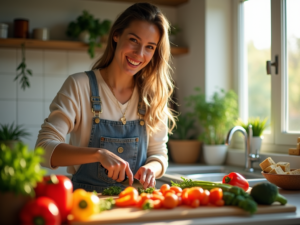 A young adult happily preparing a colorful vegetable stir-fry in a bright vegan kitchen, with fresh ingredients and natural light streaming in.